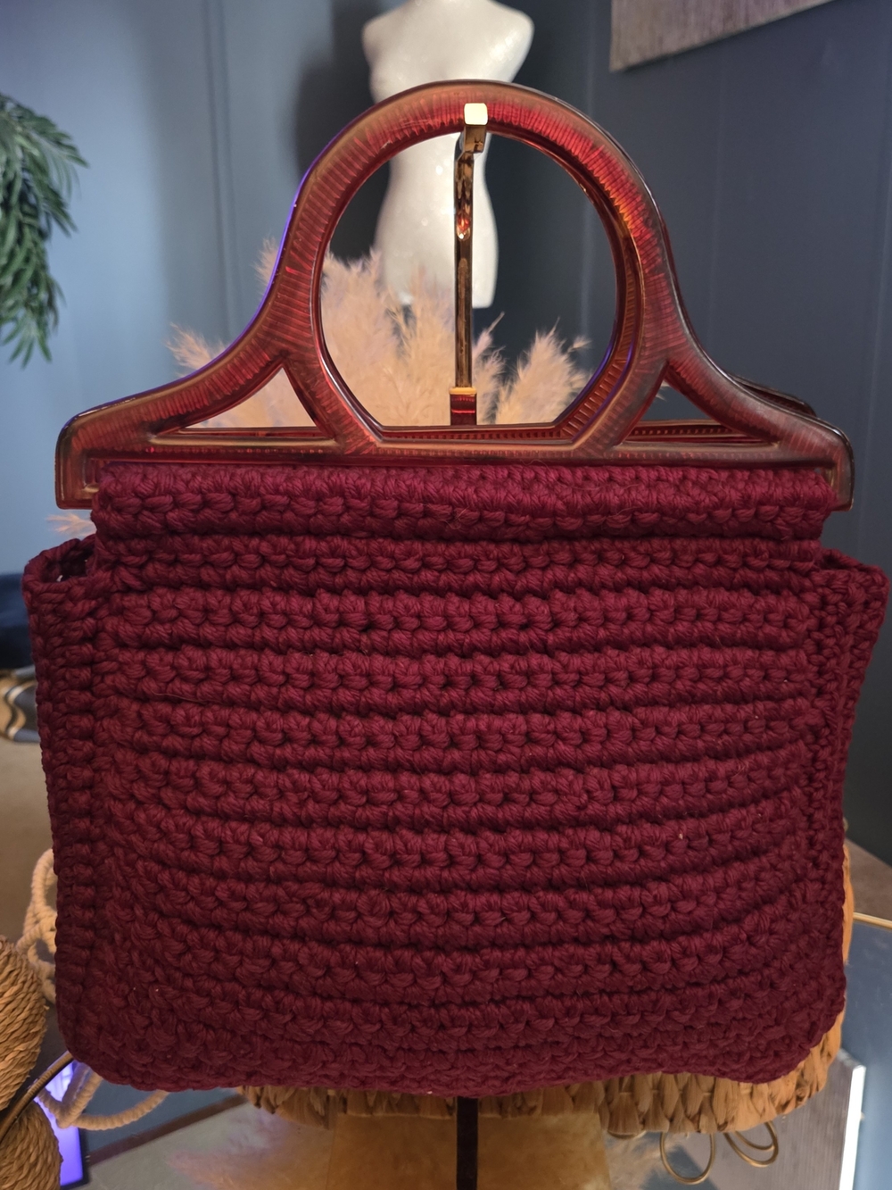 Burgundy Handcrafted Handbag Lucite Handles Matching Coin Purse Retro